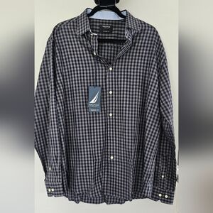 Nautica Classic Fit Button Up Shirt Mens 16 1/2 navy/gray Plaid Long Sleeve